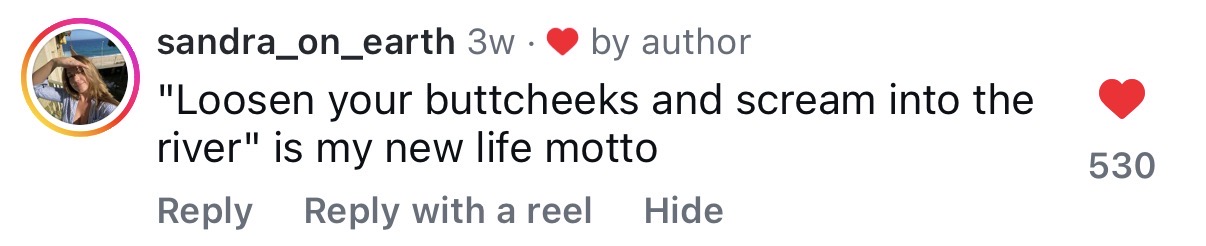 Comment: loosen your buttcheeks and scream into the river is my new life motto